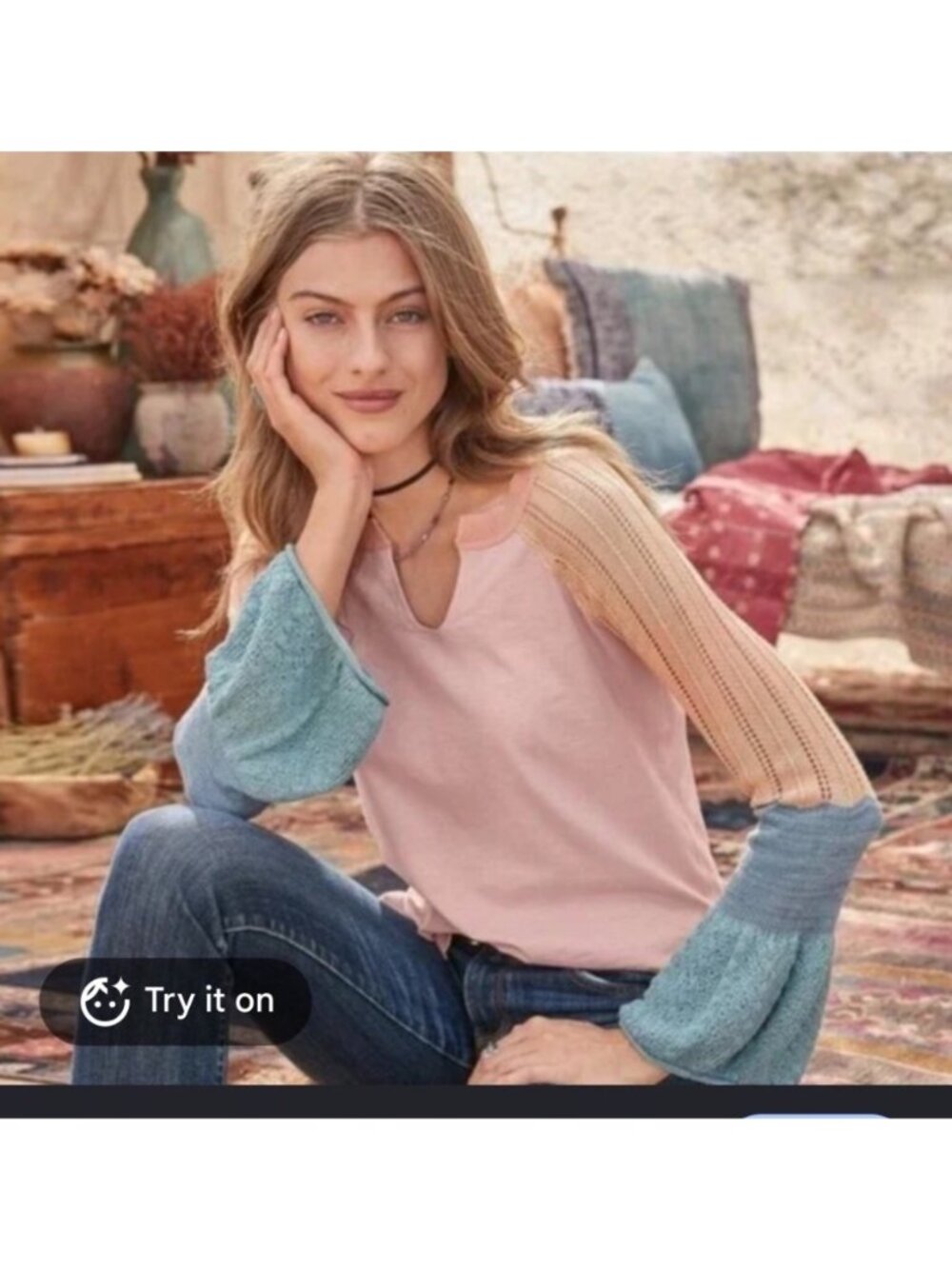 Sundance Pink Knit Top With Crochet Colorblock Sleeves Womens Size S Lightweight